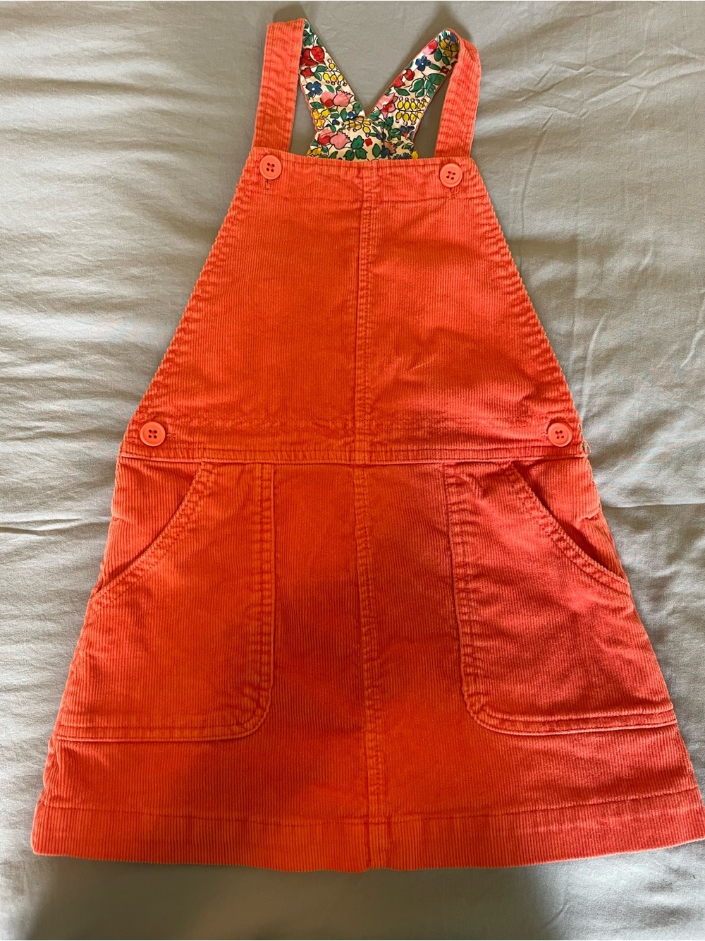 Mini Boden Orange Corduroy Pinafore Dress with Floral Straps